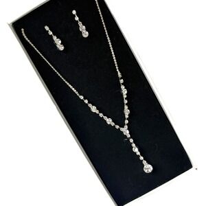 His & Hers Wedding Prom Silver Crystal Necklace & Dangle Earring Set NEW